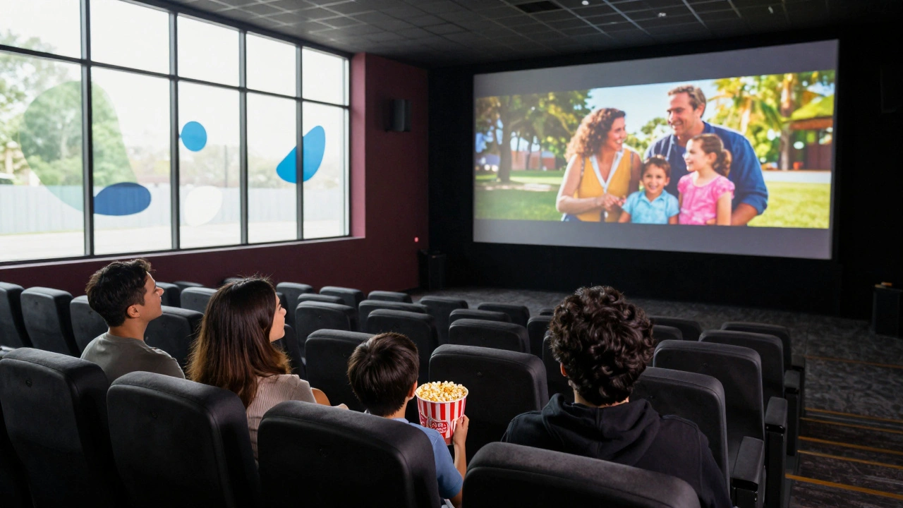 Family enjoying weekday matinee movie with popcorn in theater