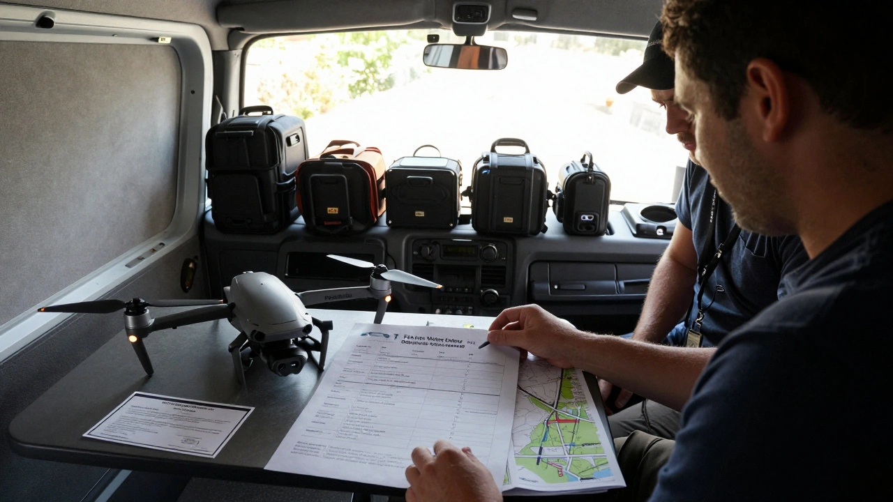 Film crew reviewing an FAA waiver for drone operations over people, with safety gear and certification visible in a production van.