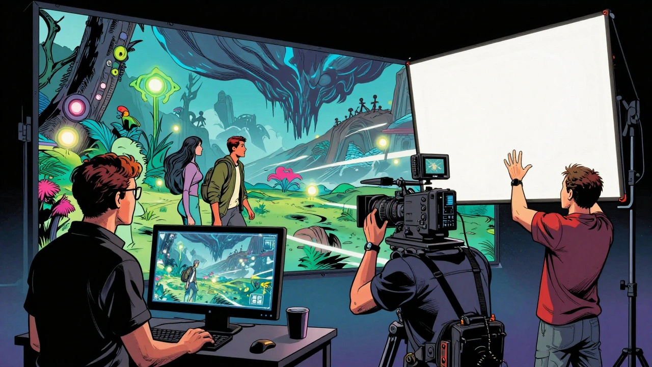 Film crew working on an LED volume set, director monitoring real-time rendering, camera tracking system in use, vibrant sci-fi environment behind them.