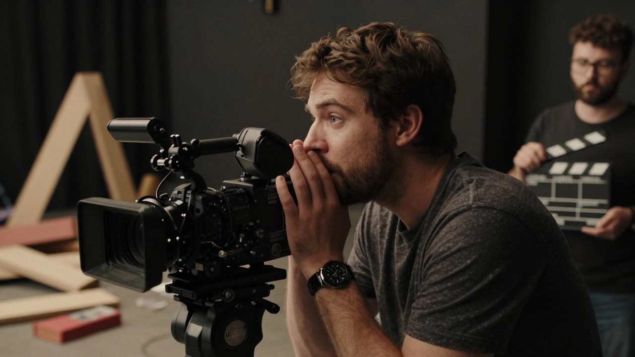 Film director whispering to an actor as a camera captures their subtle facial expression on set.