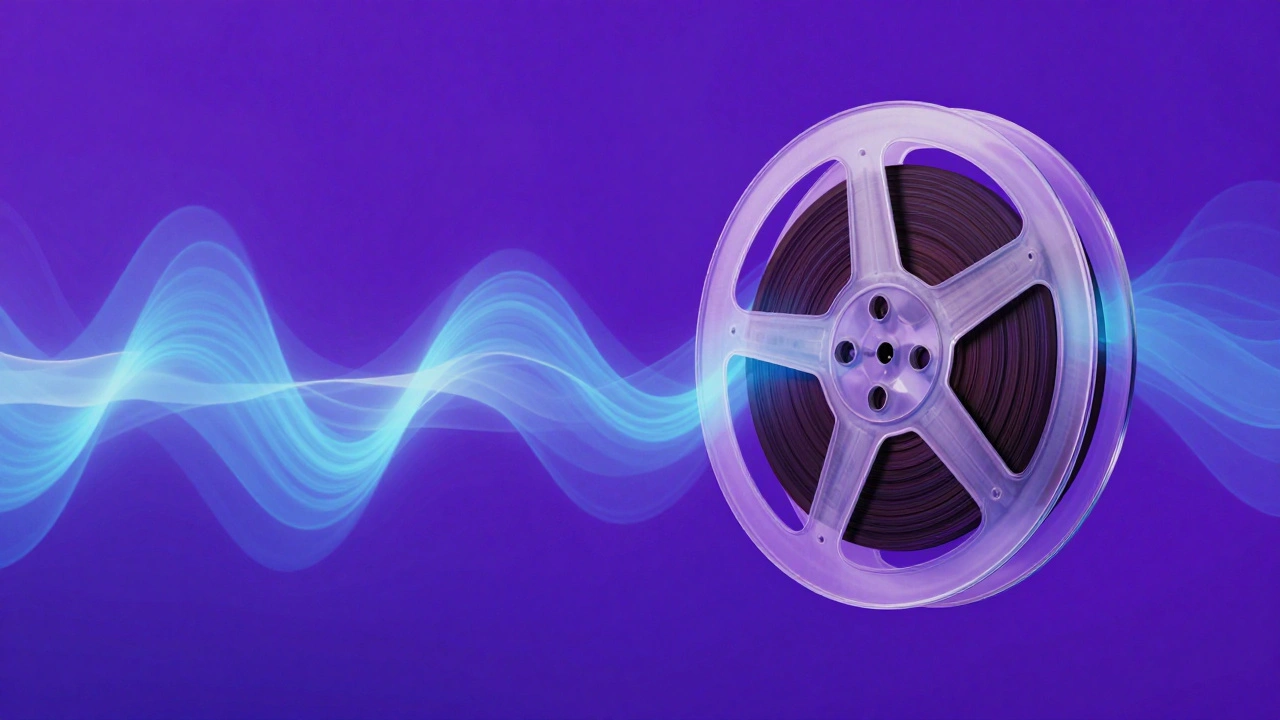 Film reel merging into digital streaming waves.