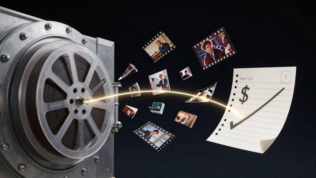 Film reel spinning into vault as movie fragments fall away, connected by a glowing thread to financial ledger.