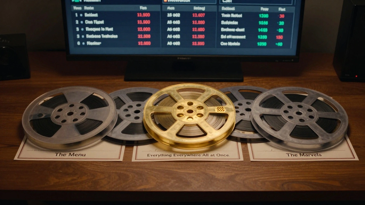 Film reels arranged like investments, one glowing with high return amid digital box office analytics.