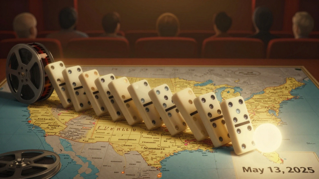 Film reels forming a domino chain leading from Sundance to Cannes, symbolizing strategic festival submission.