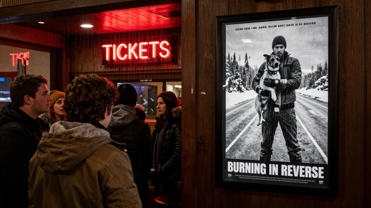 Film students gather in a tiny theater lobby, captivated by a black-and-white road movie poster.