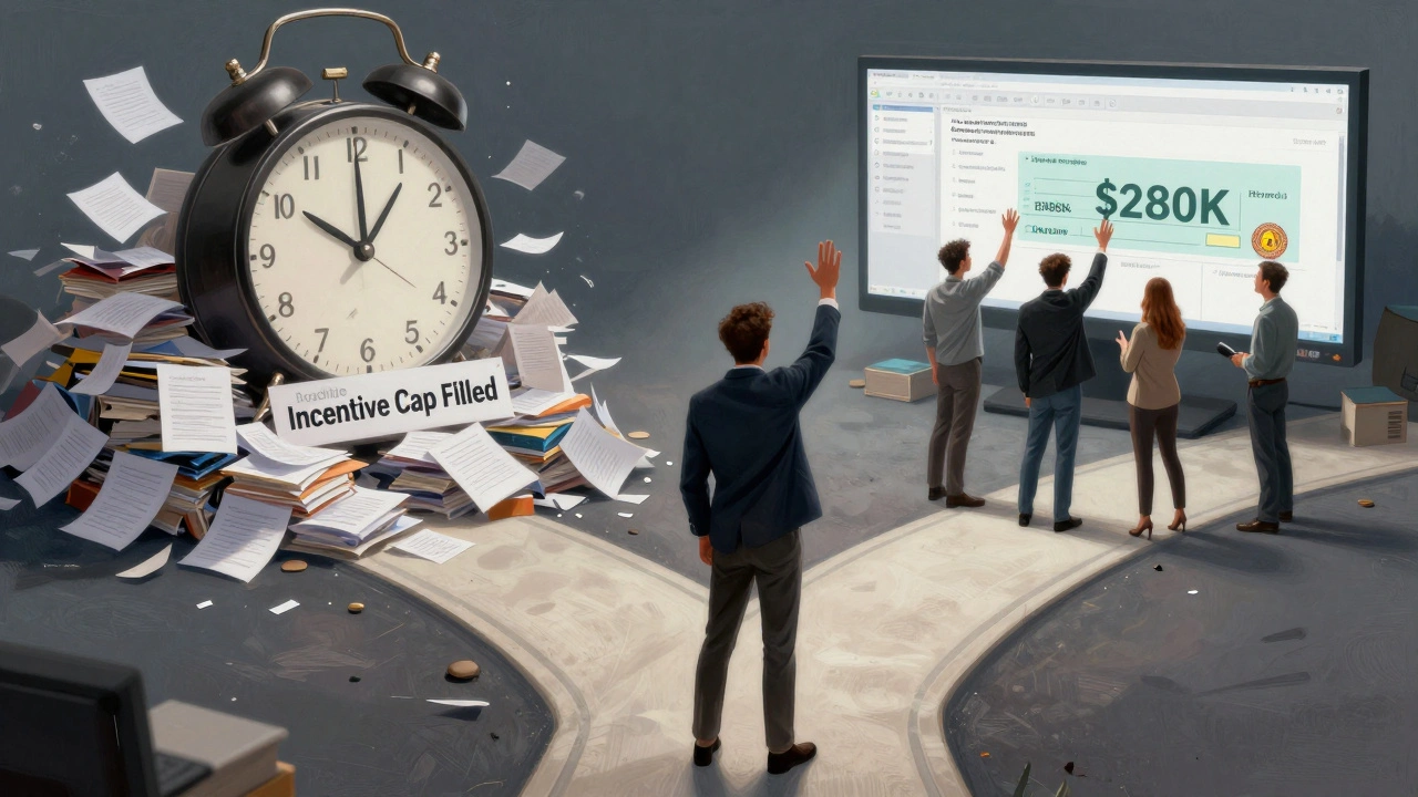 Filmmaker at crossroads between chaotic paperwork and streamlined incentive workflow with check.