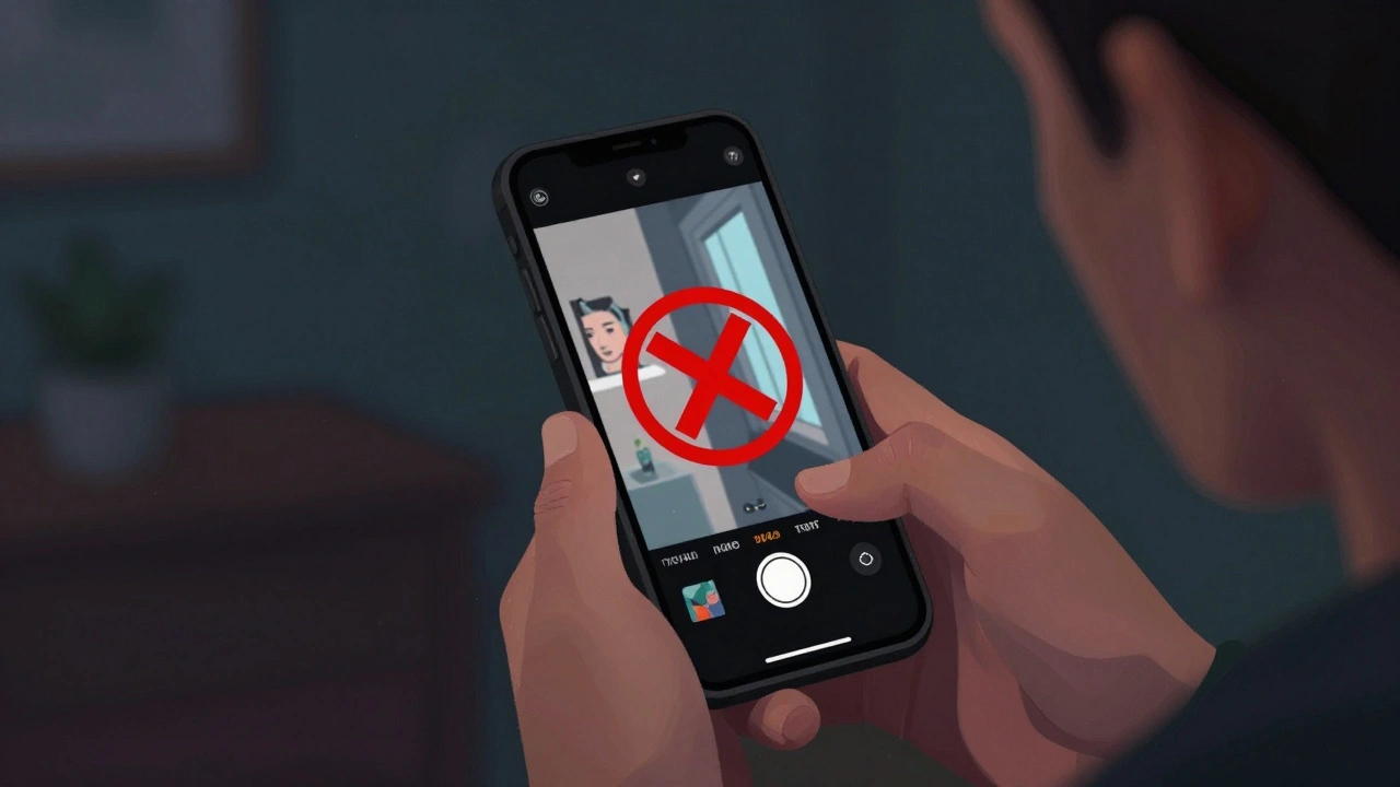 Filmmaker viewing smartphone with viral video and red slash symbol in dim room