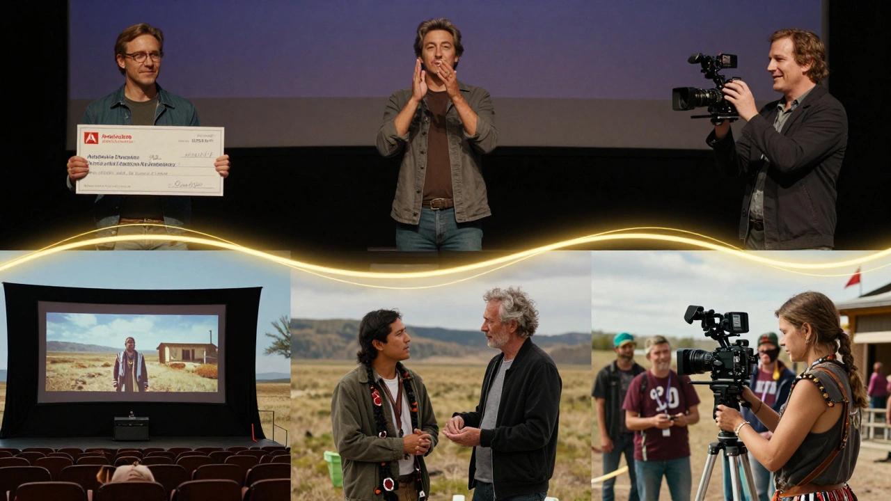 Five filmmakers at pivotal moments of success, connected by a golden thread symbolizing opportunity.