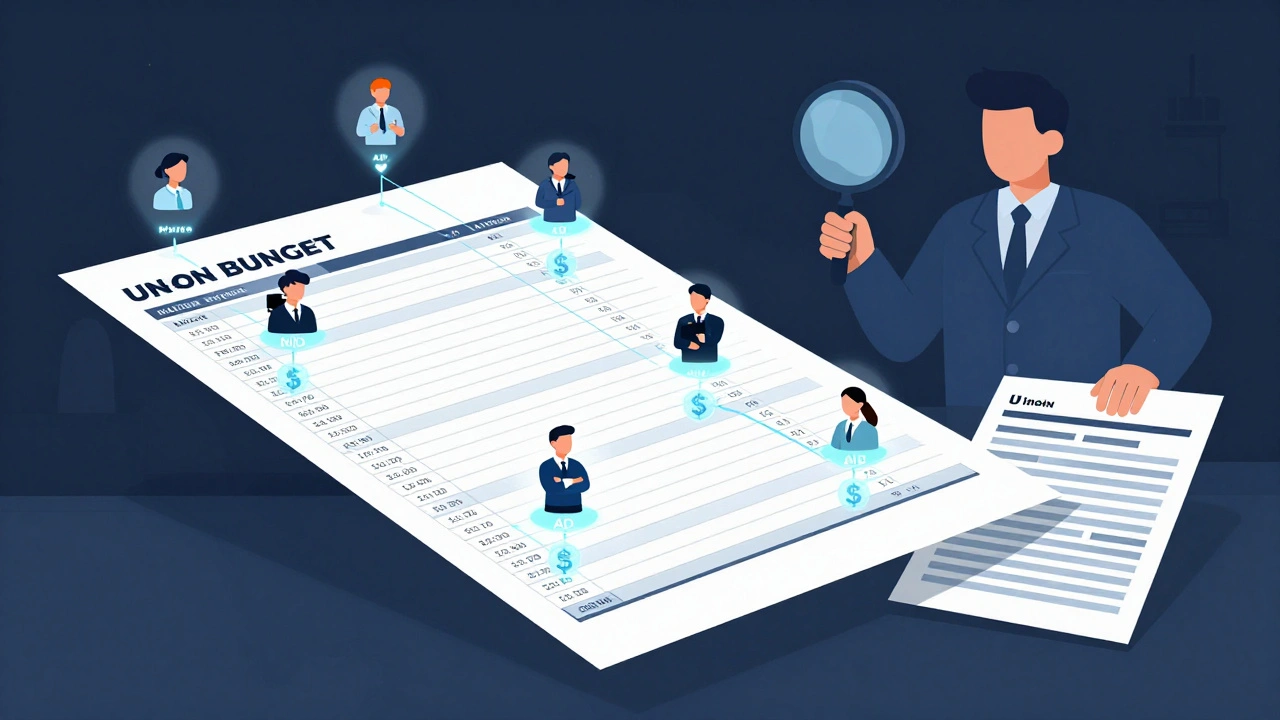 Floating budget spreadsheet with crew icons and union auditor watching over payroll.