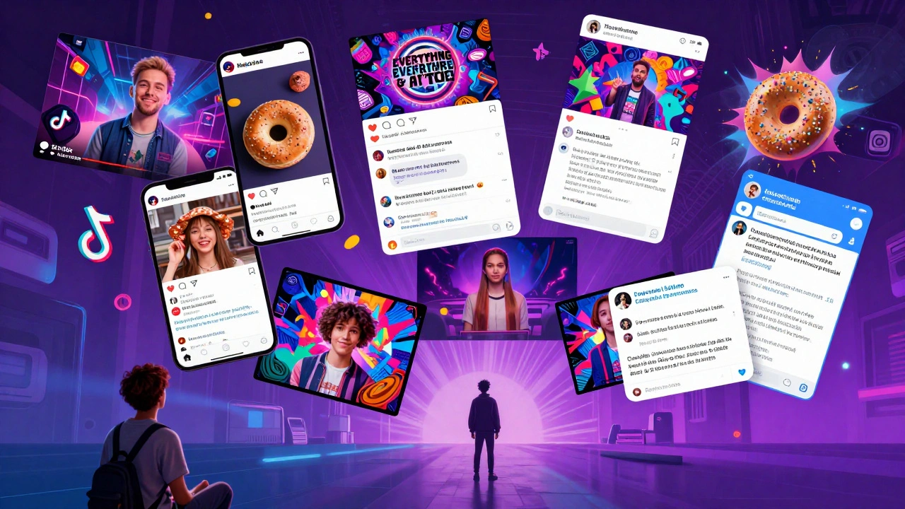Floating social media screens showing viral clips and fan theories from a breakout indie movie.