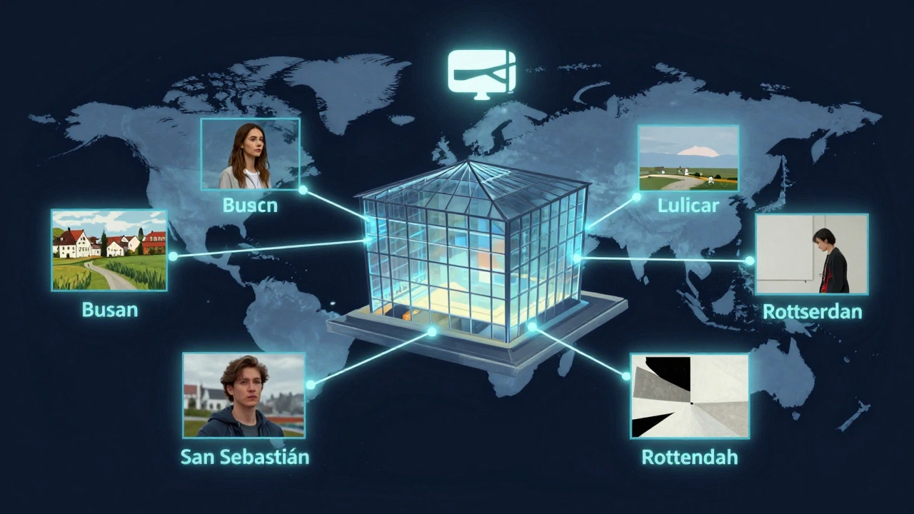 Global film market network centered on Berlinale, connected to niche festivals with visual symbols.