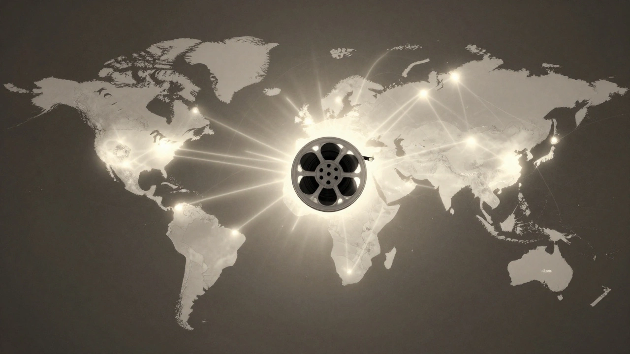 Global map showing film connections from Europe to audiences worldwide.