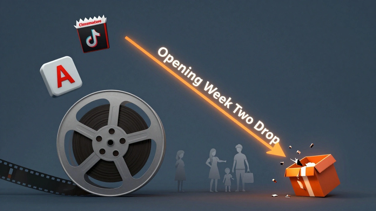 Graph showing box office spike and steep drop, with icons representing audience and social media.