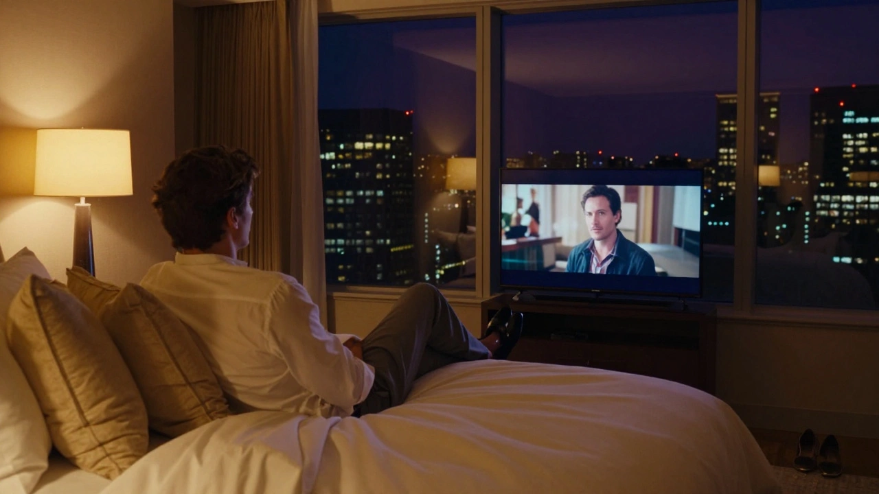 Guest watching a film in a luxury hotel room with city view window.