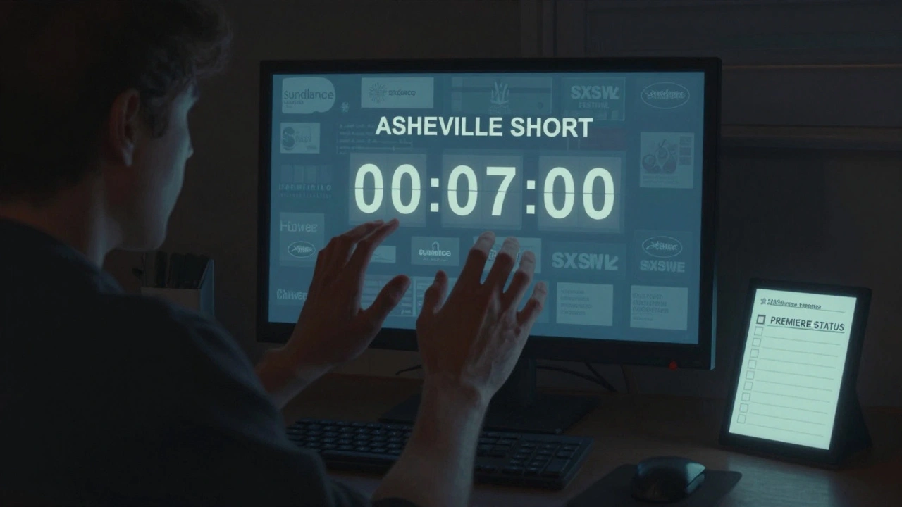 Hands uploading a film with a 7-minute countdown, festival logos flickering in the background.