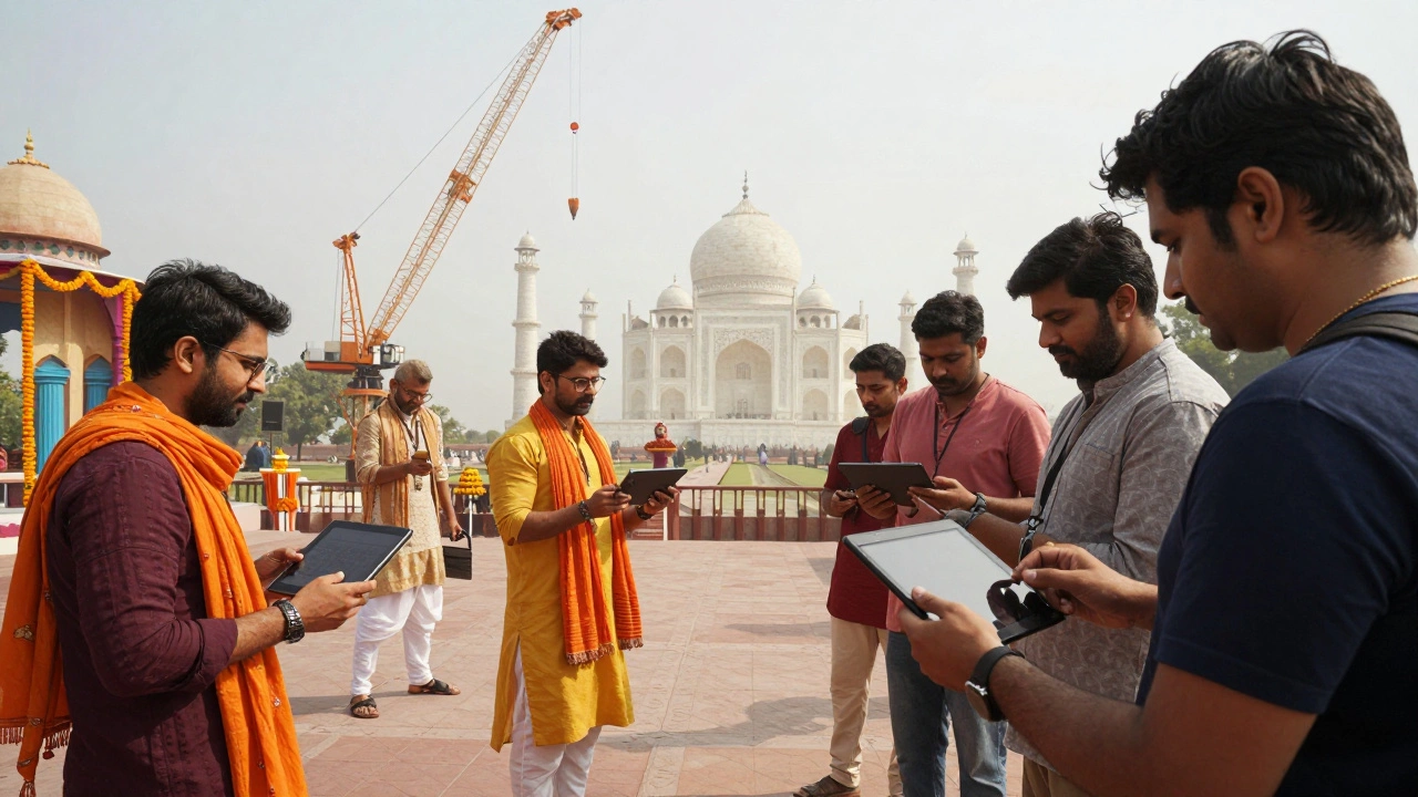 Hollywood filmmakers collaborating with Indian cast and crew on a movie set near the Taj Mahal.