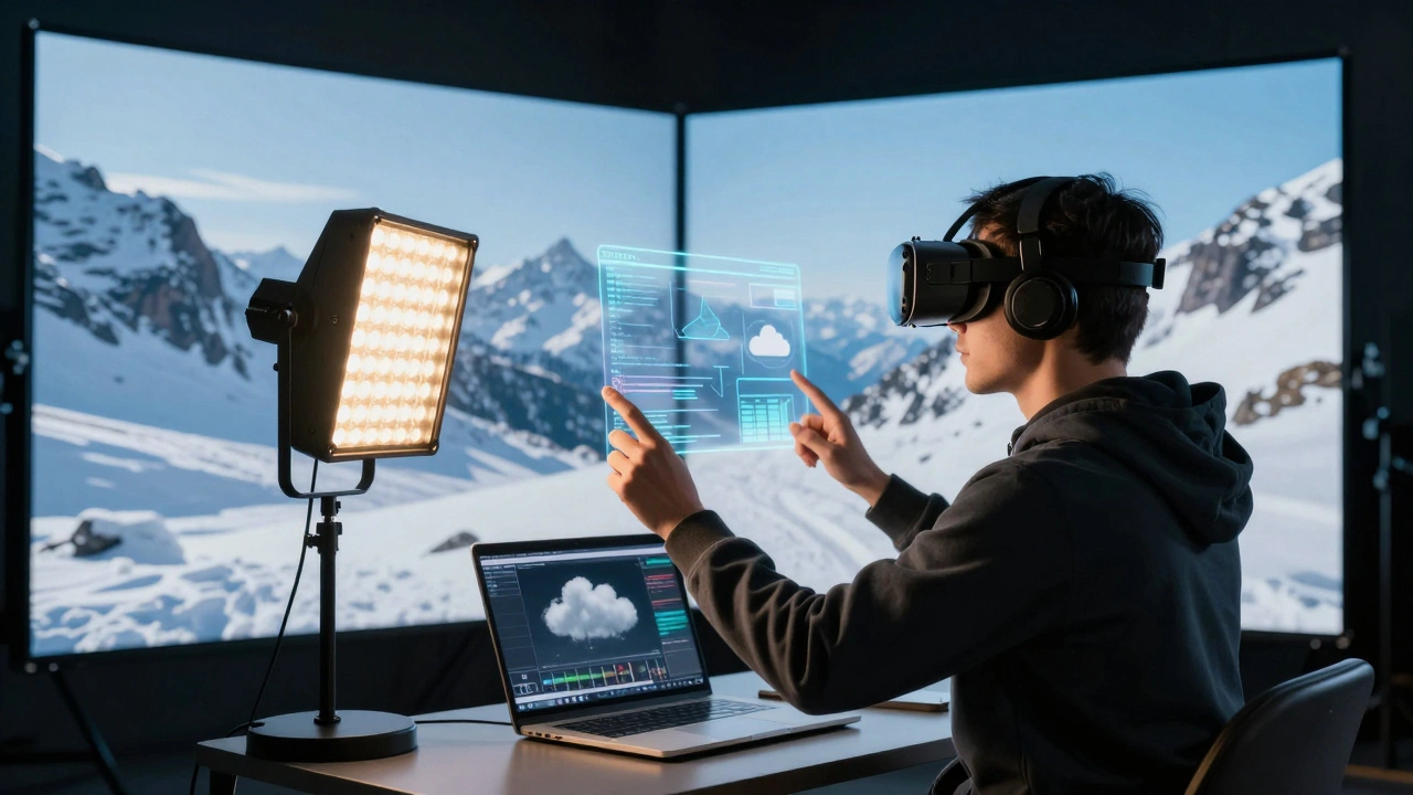 Indie filmmaker using compact LED panel and VR headset to preview snow mountain scene.