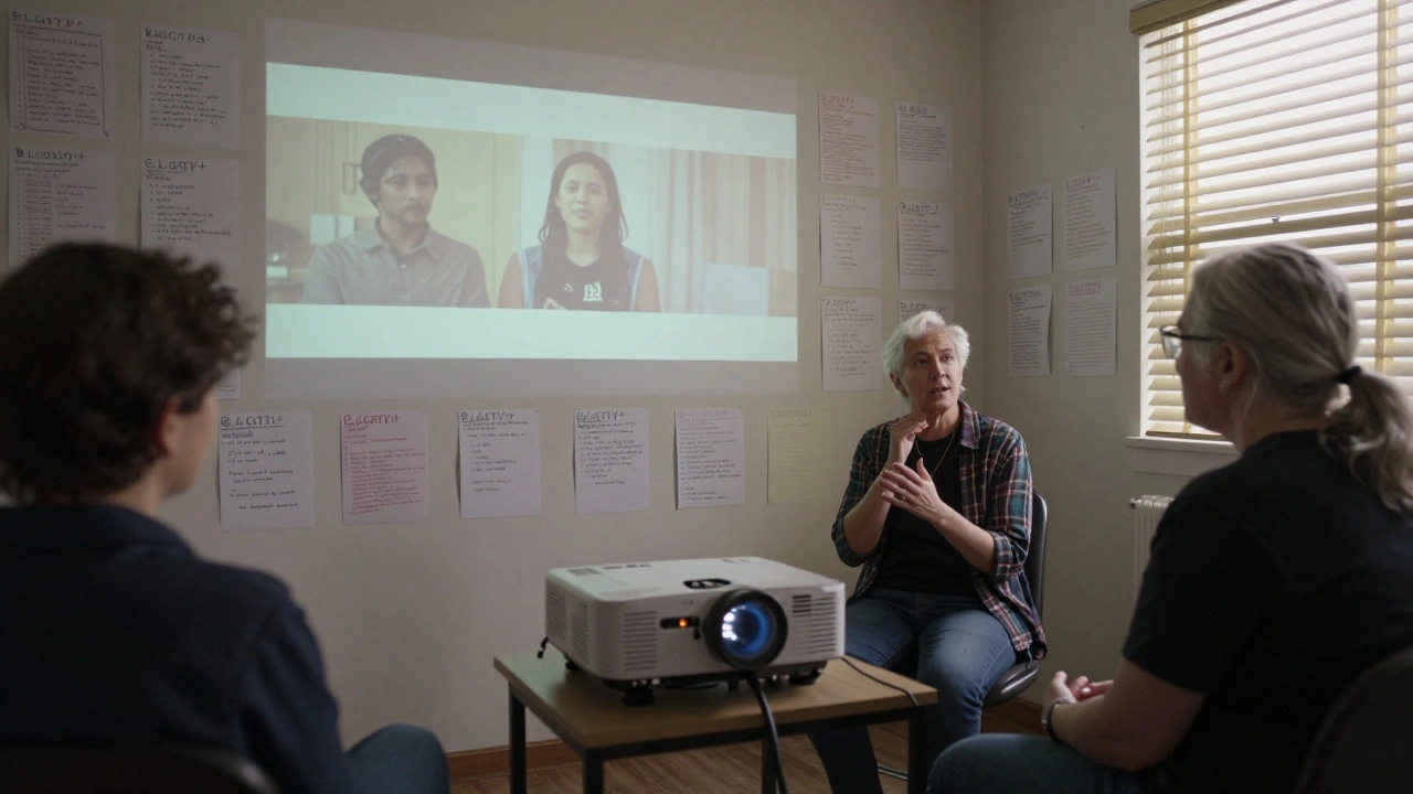 Indie filmmakers and community members discussing feedback after a screening.