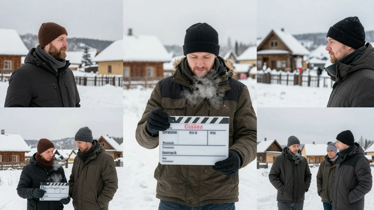 International film team working together on a snowy set, Creative Europe logo on board.