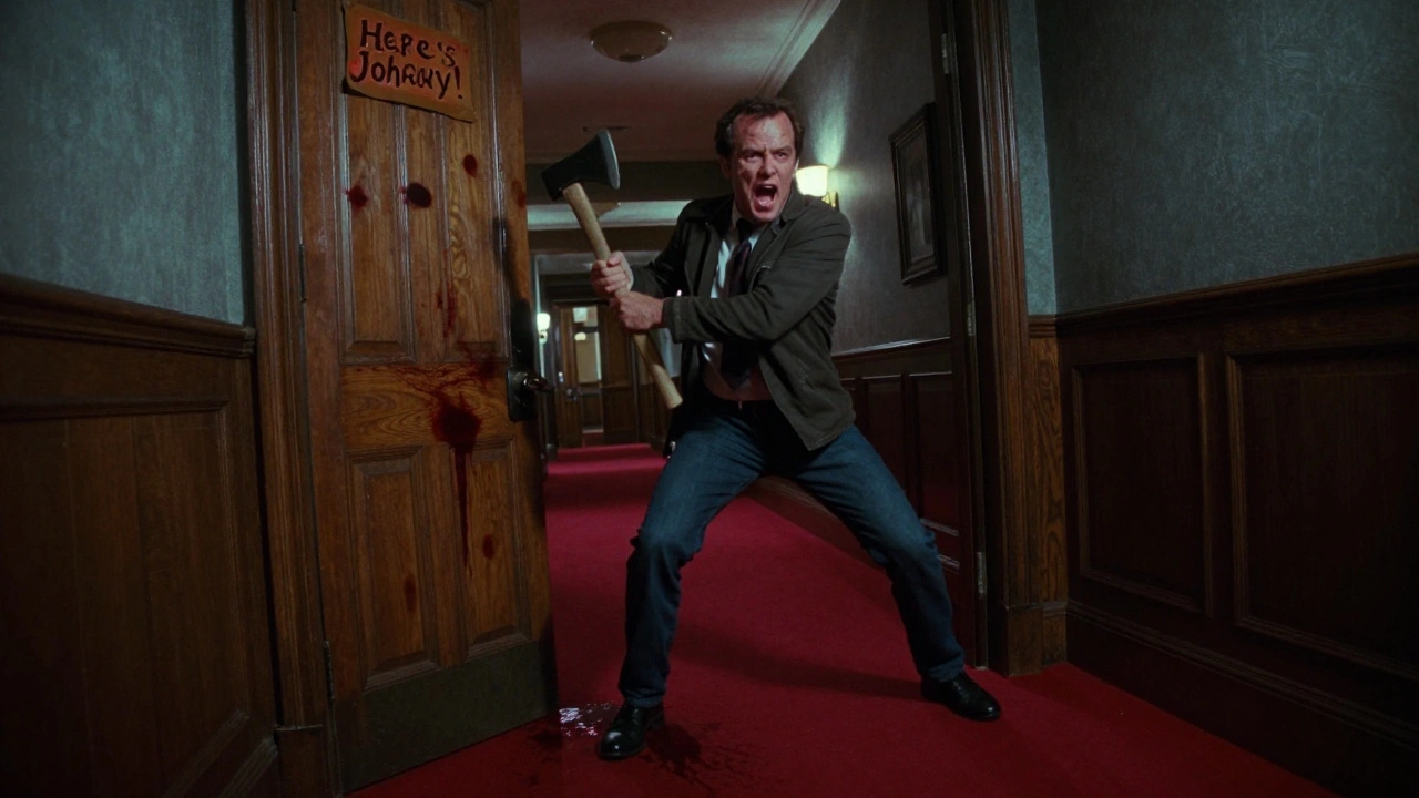 Jack Nicholson breaking through door with axe shouting 'Here's Johnny!' in The Shining.