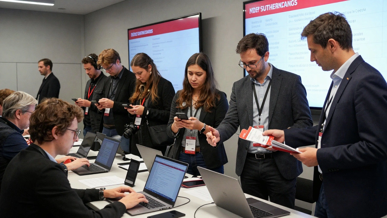 Journalists checking in at a film festival press room, holding press kits and using laptops amid screening schedules on screens.