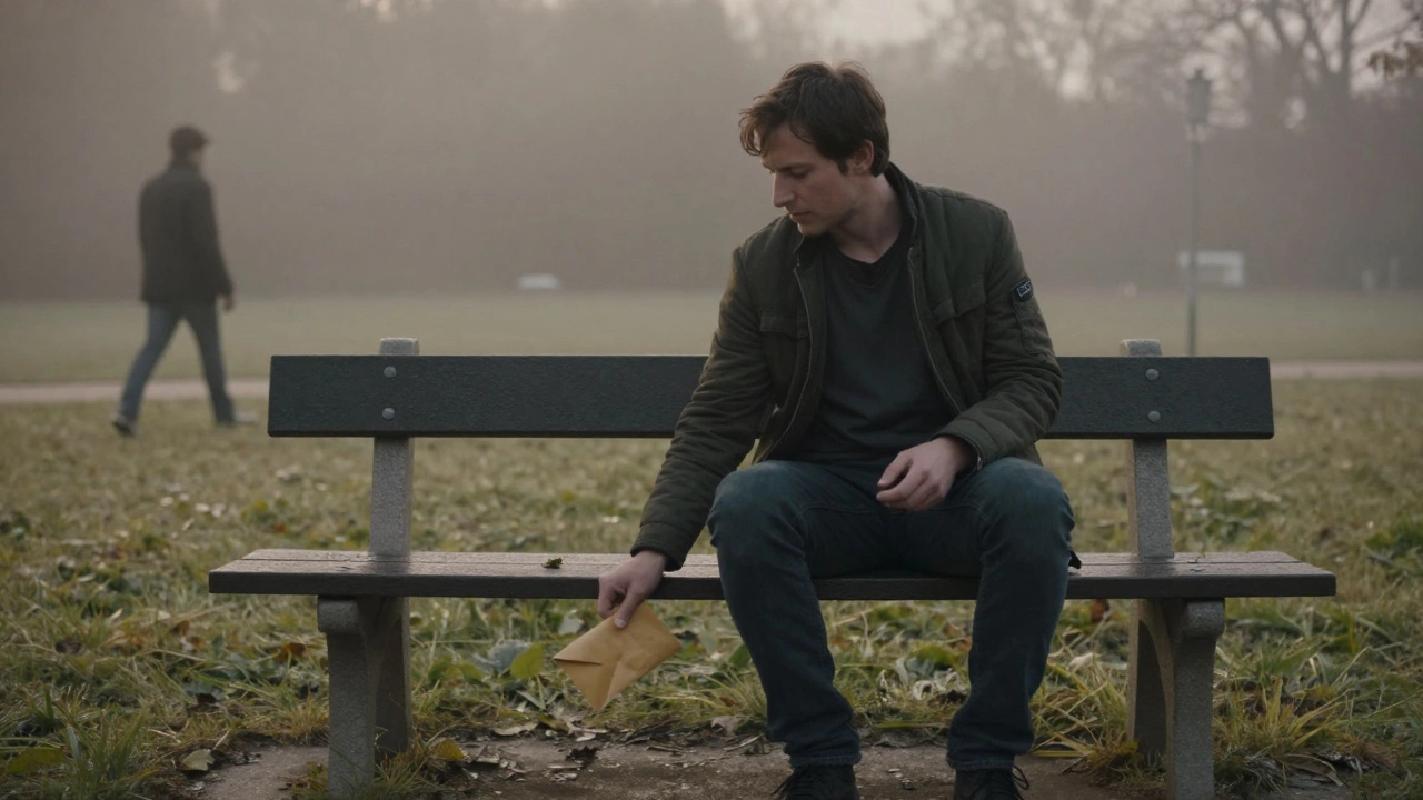 Man placing dead drop under bench in quiet park at dawn