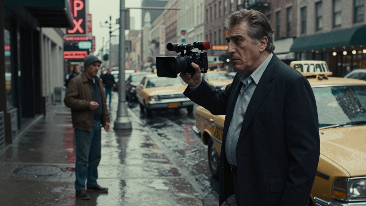 Martin Scorsese directing Robert De Niro on a rainy New York street during the making of Taxi Driver.