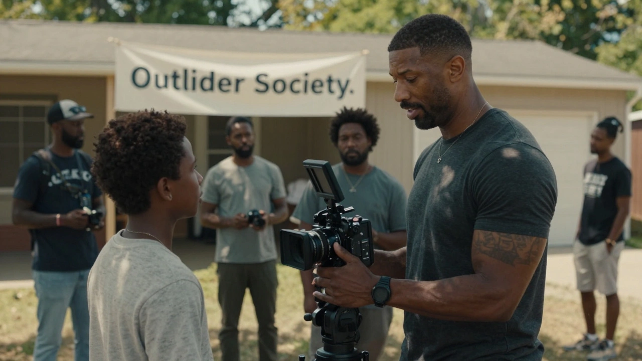 Michael B. Jordan directing a diverse crew on a natural-light film set in Atlanta.