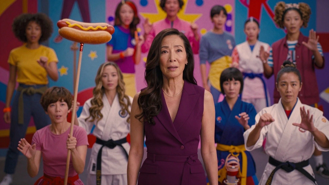 Michelle Yeoh surrounded by surreal versions of herself in a vibrant, dreamlike collage of parallel universes.