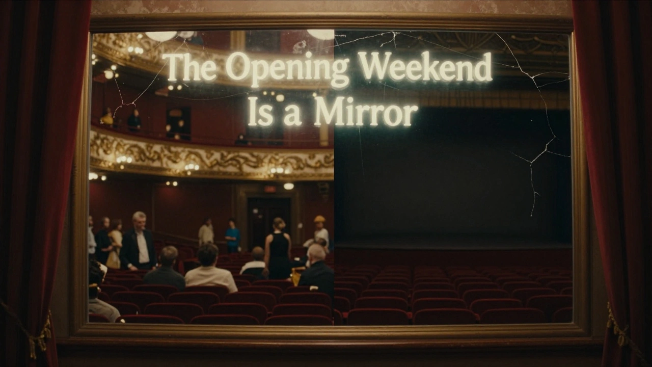 Mirror reflecting lively theater on one side and empty auditorium on the other, symbolic of hype vs. legacy.