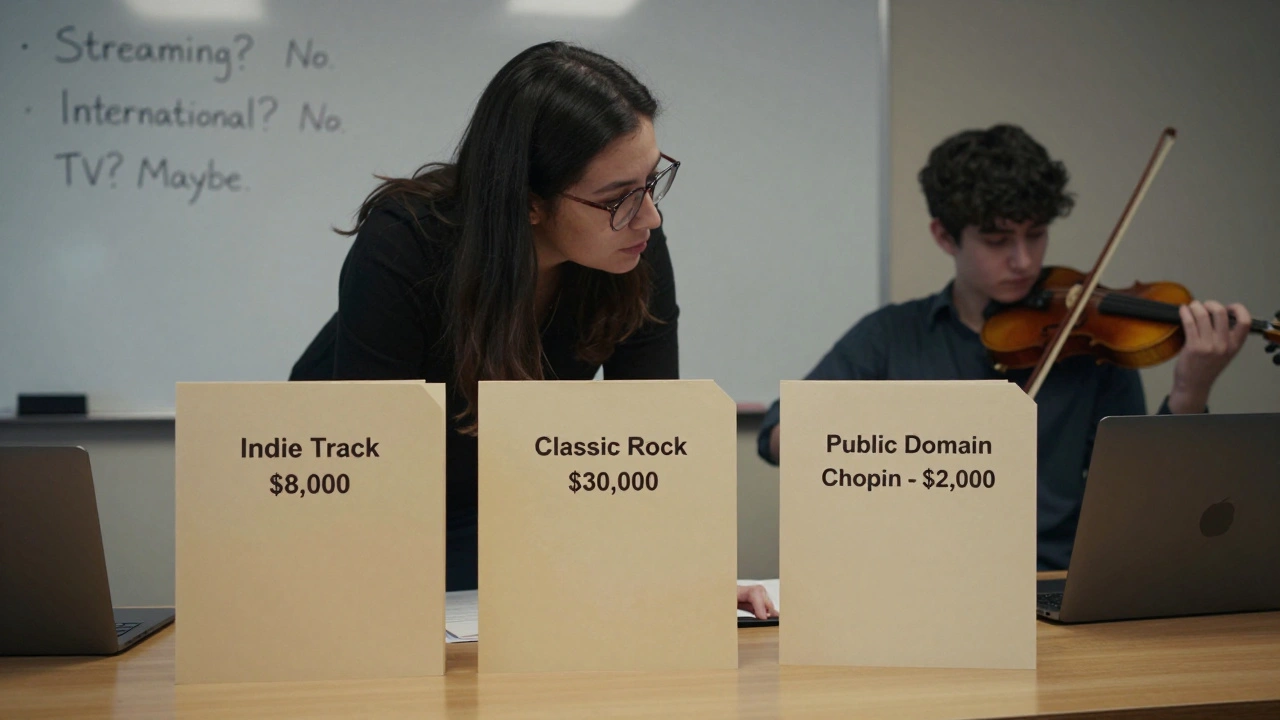 Music supervisor organizing licensing options with cost breakdowns on a table, composer recording nearby.