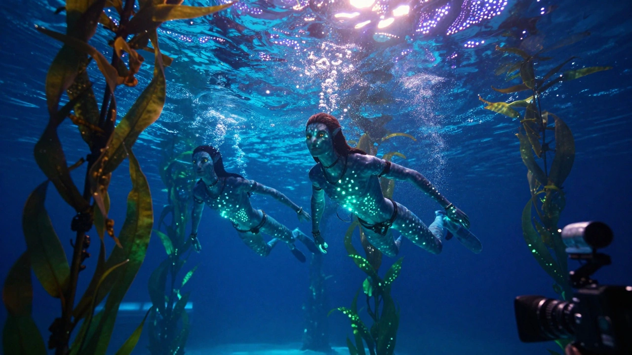 Na'vi characters swim through a glowing underwater forest, sunlight filtering realistically from above.