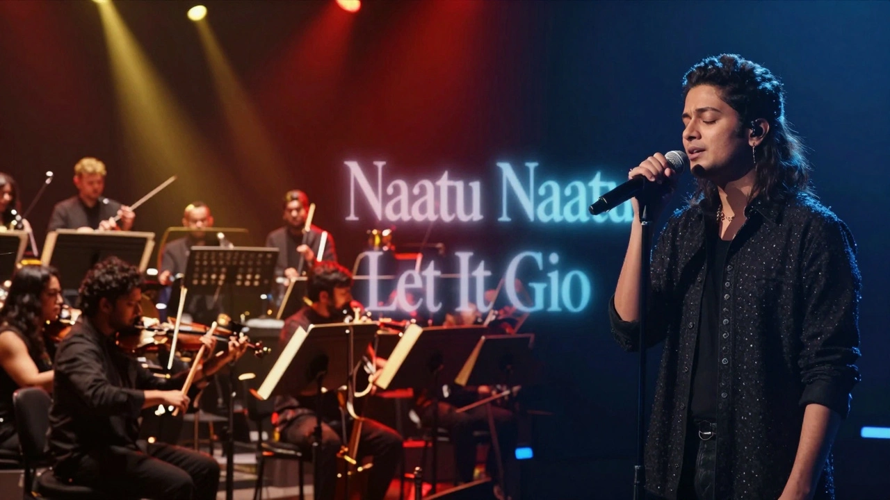 Orchestra performs on one side, singer performs on the other, with glowing lyrics and film scenes.