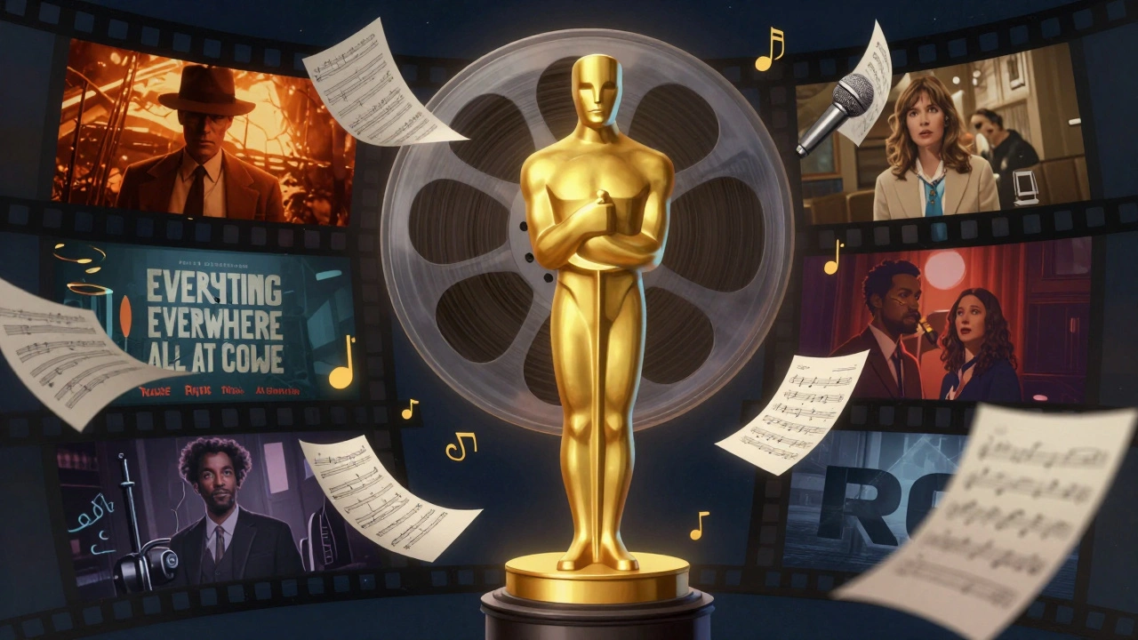 Oscar statuette with musical elements symbolizing score and song, surrounded by iconic film moments.