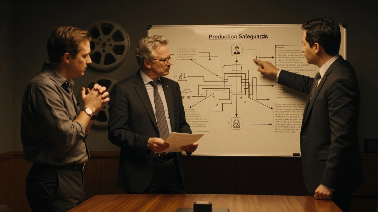 Producer, financier, and bond executive in boardroom reviewing production safeguards.