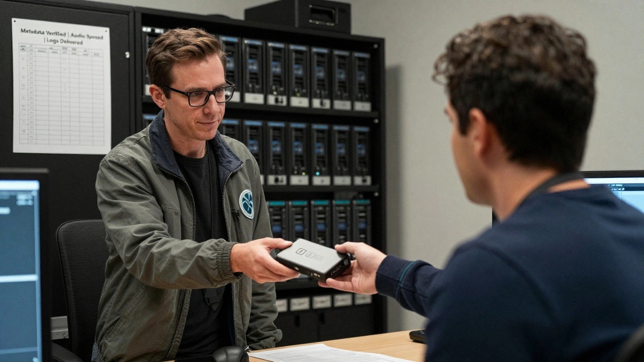 Production assistant handing a labeled drive to an editor in a tidy post-production room.