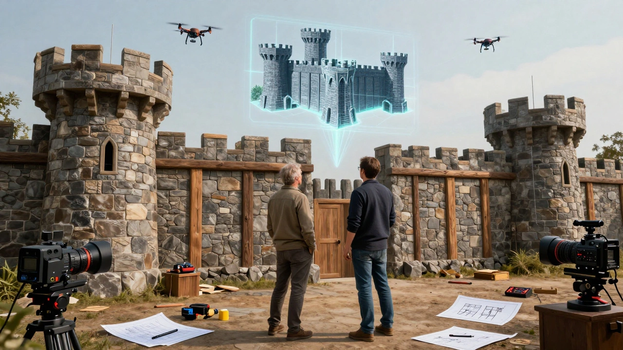 Production designer and VFX supervisor reviewing a physical castle set with a digital extension hologram.