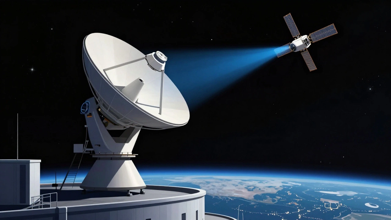 Satellite dish transmitting signal to orbiting satellite.