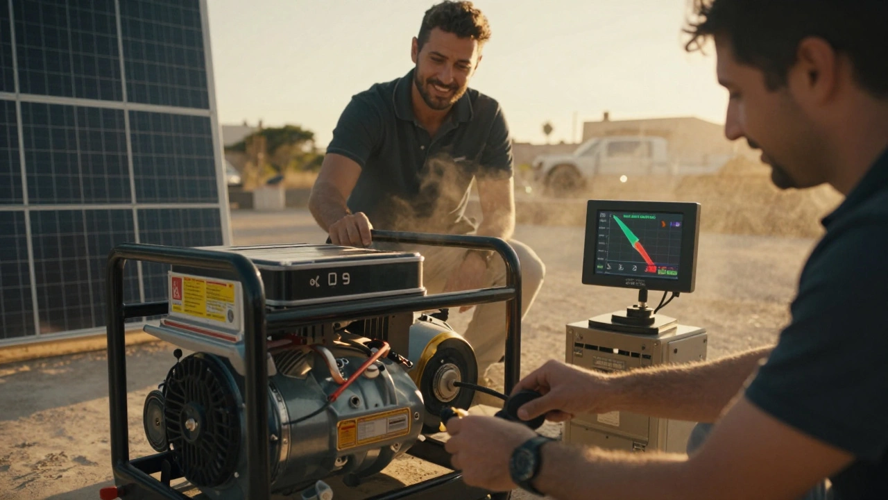 Solar battery packs replacing diesel generators on a Spanish film shoot at sunset.