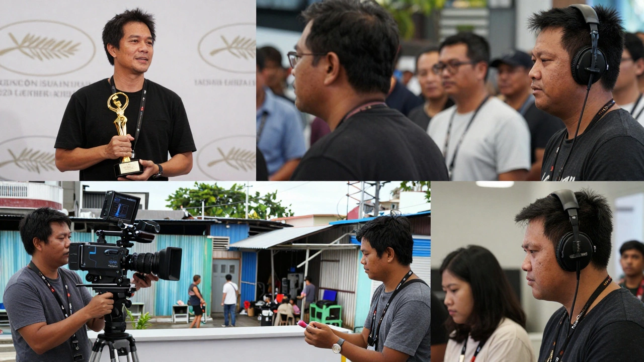 Southeast Asian filmmakers at international film festivals, capturing moments of triumph and creative collaboration.