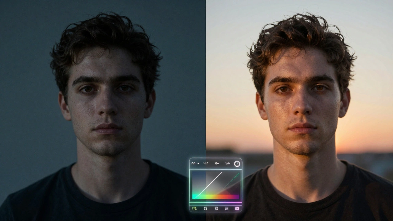 Split image: left shows unnatural blue LED lighting on an actor's face, right shows perfect warm calibration with accurate skin tones.