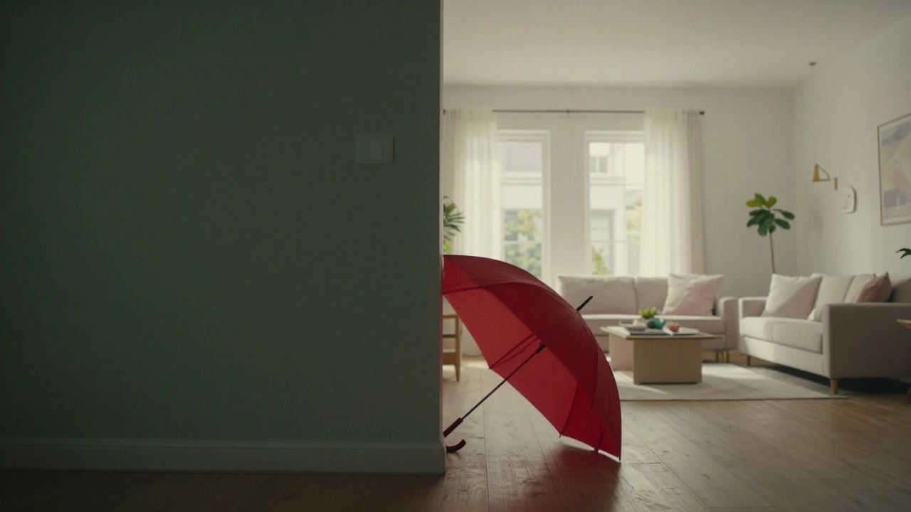 Split scene: dull green apartment vs. bright white mansion, with a red umbrella between them.