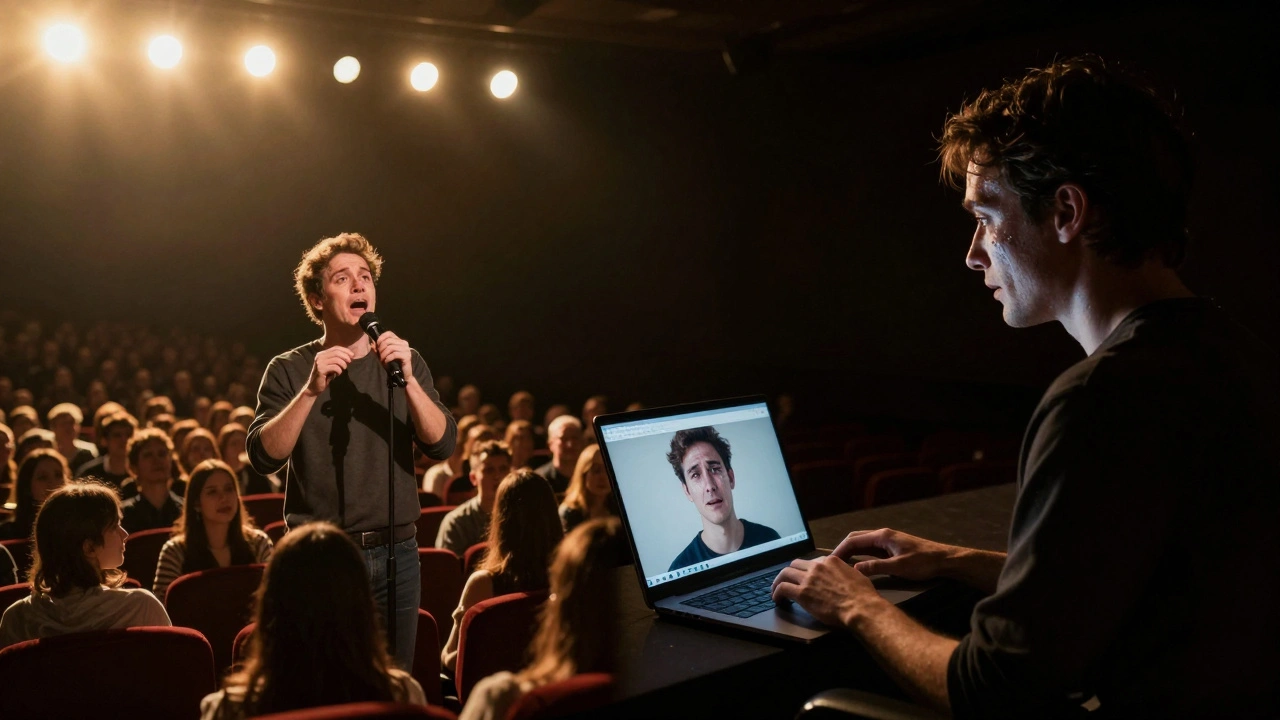 Split-screen: actor performing on stage versus watching their quiet film audition on a laptop.