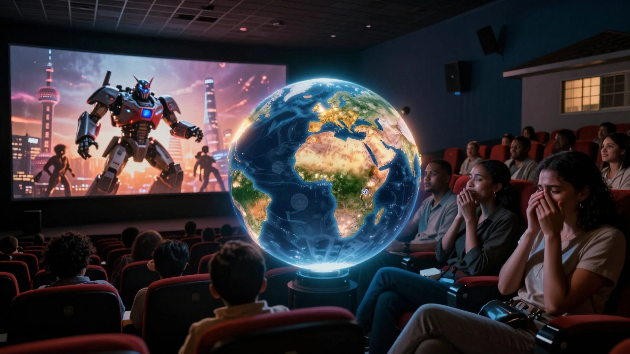 Split-screen of theater audiences in Shanghai and Lagos reacting emotionally to a film.