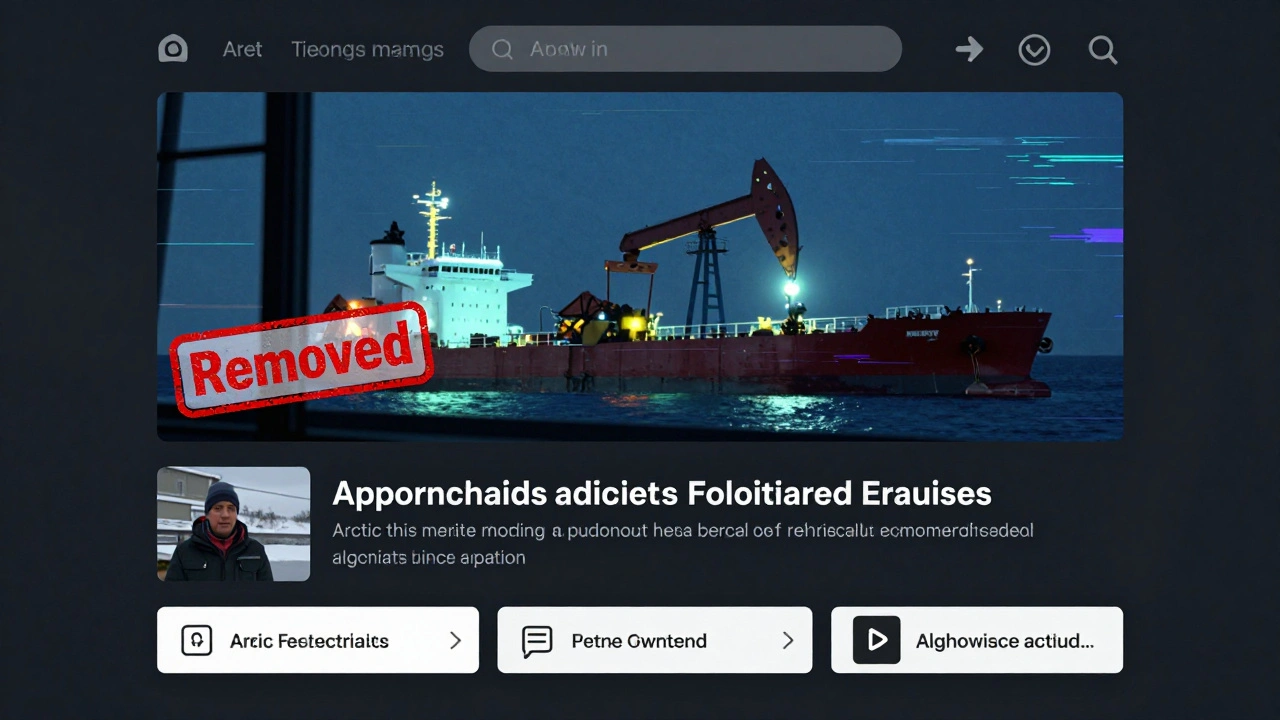Streaming platform interface showing a documentary being buried under other content, with a faint 'Removed' stamp over the thumbnail.
