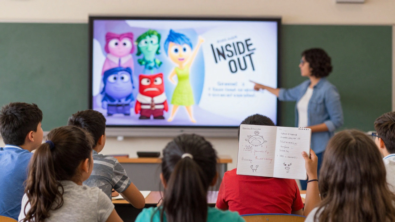 Students in a classroom learning to analyze emotions in an animated film.