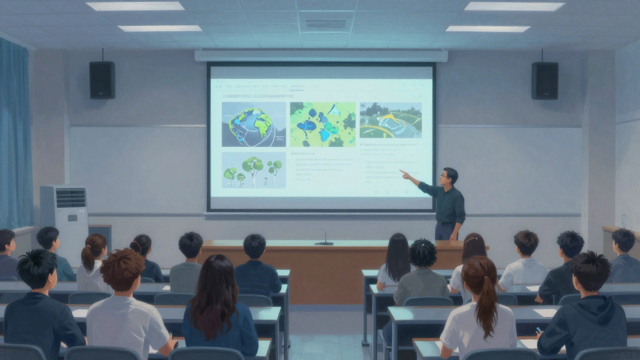 Students in a university classroom watching a documentary on a screen.