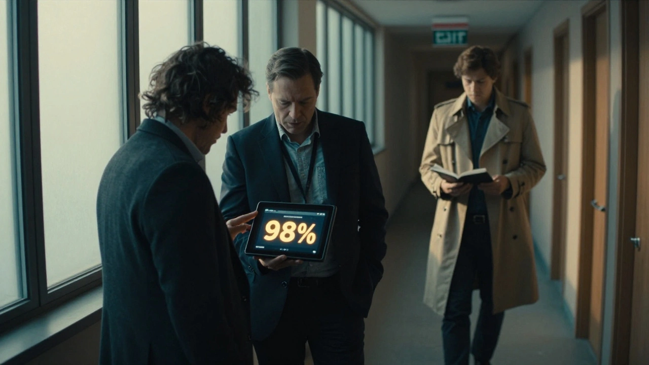 Studio executives viewing a rising Rotten Tomatoes score on a tablet in a festival hallway, sunlight streaming through windows.