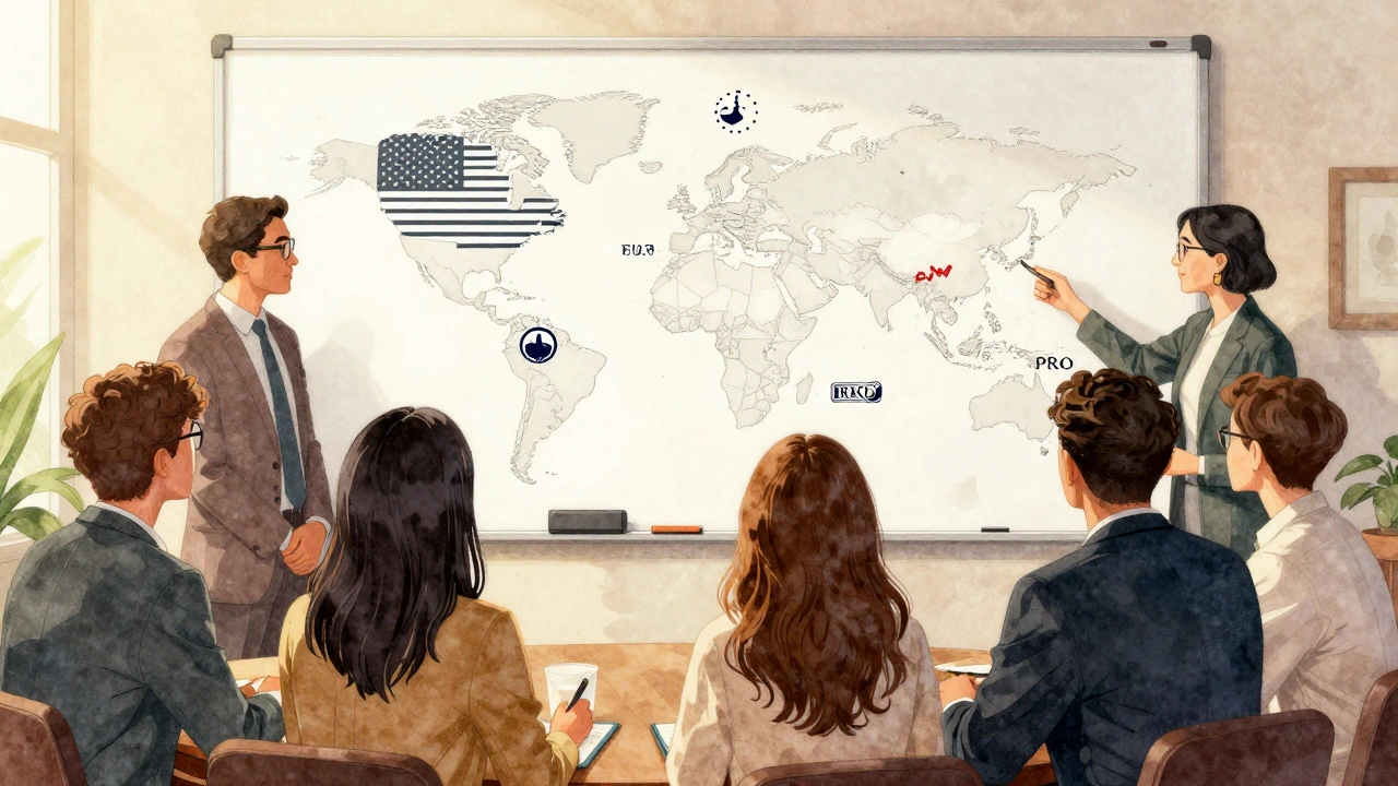 Team discussing music rights across countries on whiteboard.