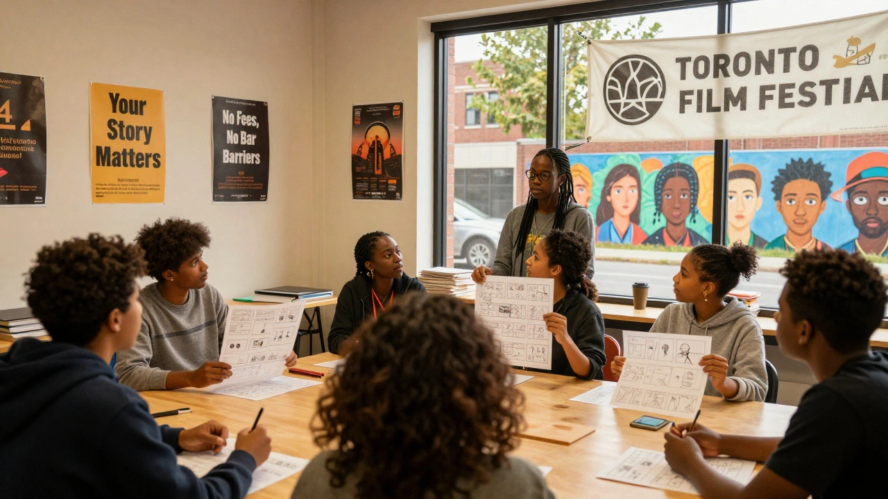 Teens learning film critique in a community workshop with diverse mentors.
